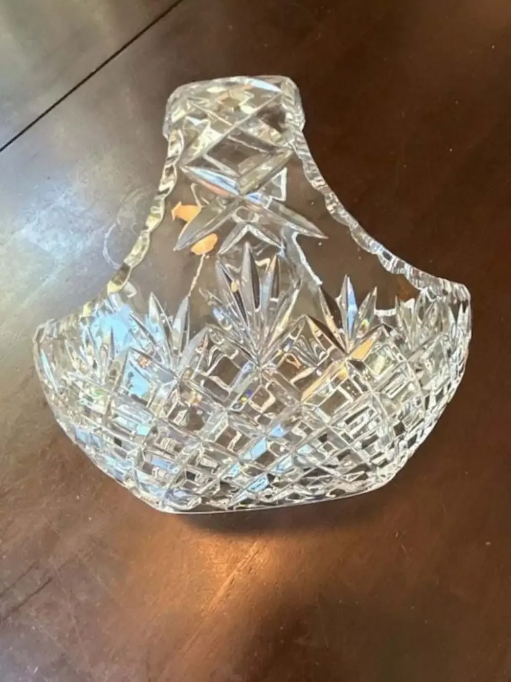 Vintage Cut Crystal Glass Basket with Starburst Pattern and Handle 8” Across